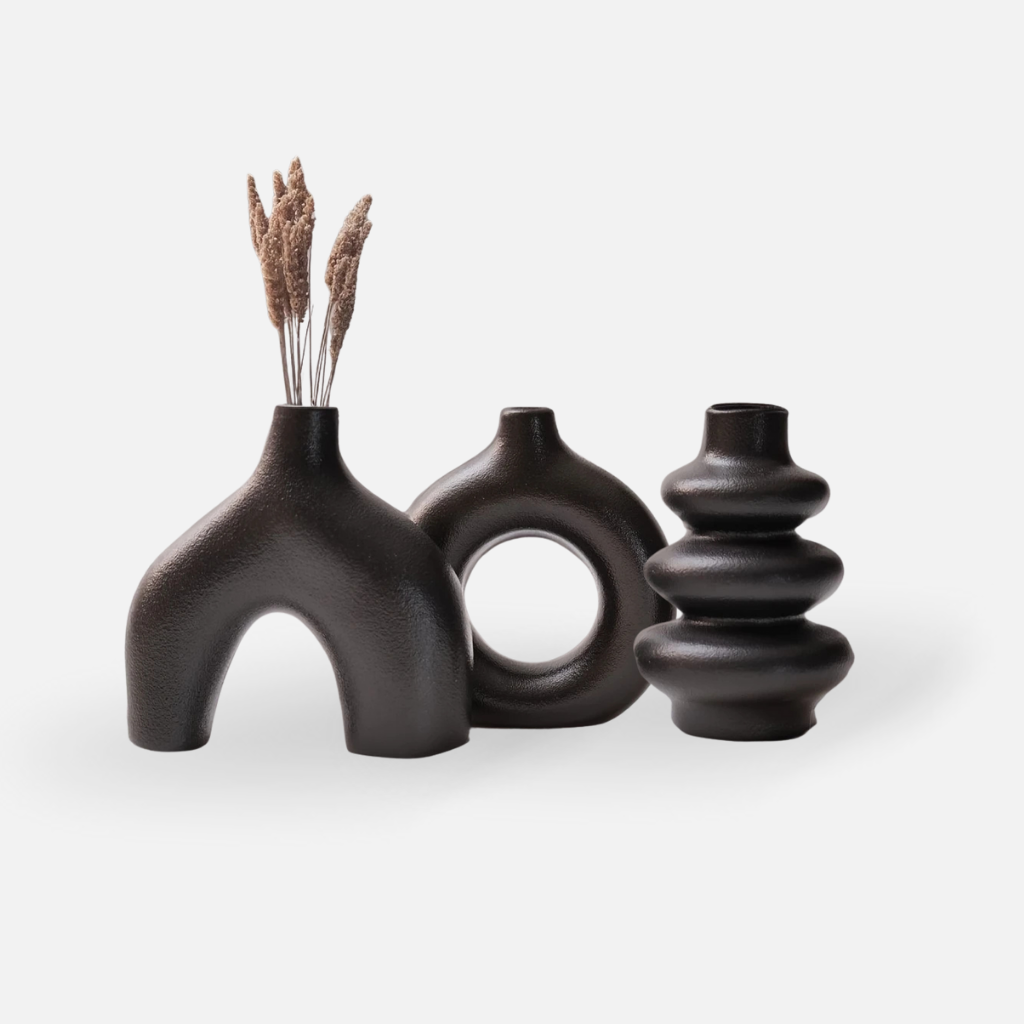 Oterra Vases set of 3 – modern ceramic and porcelain decorative vases with matte in black color